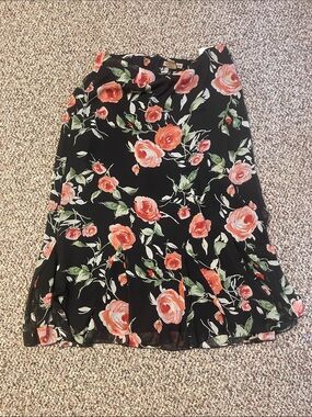 Notations Black A-Line Skirt with Coral Pink Rose Print